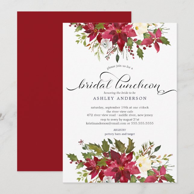 Invitación Watercolor Red Poinsettia Bridal Shower Luncheon (Anverso / Reverso)