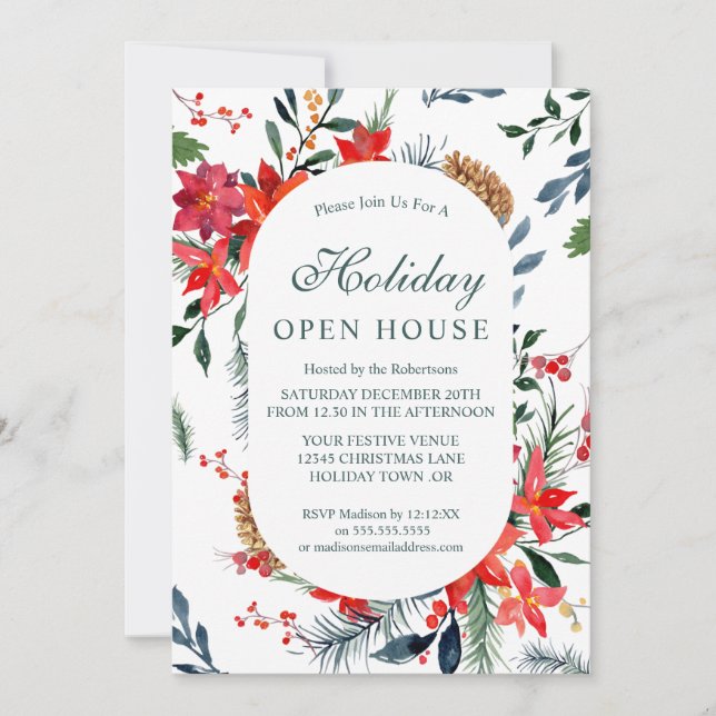 Invitación Watercolor Red Poinsettia Holiday Open House (Anverso)