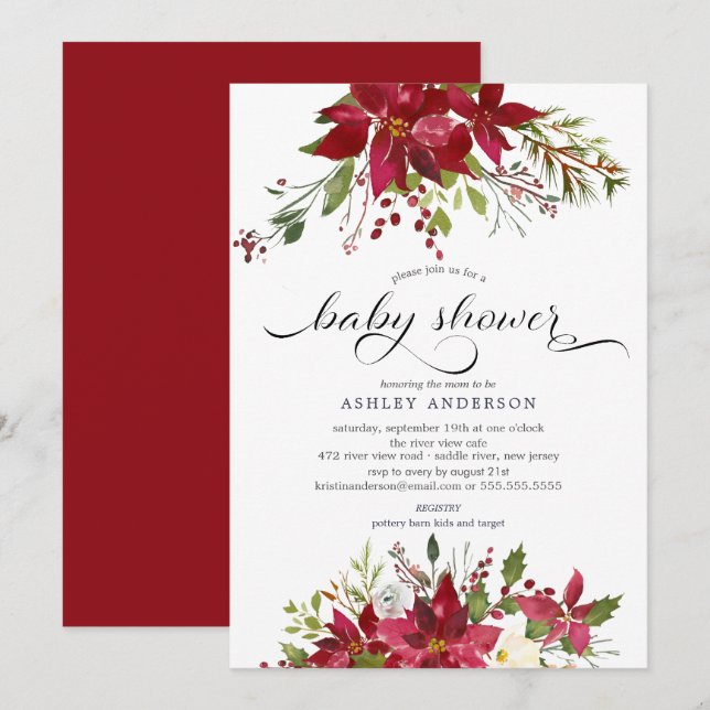 Invitación Watercolor Red Poinsettia Holly Baby Shower (Anverso / Reverso)