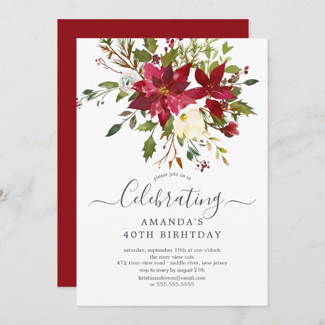 Invitación Watercolor Red Poinsettia Holly Birthday Party (Anverso / Reverso)