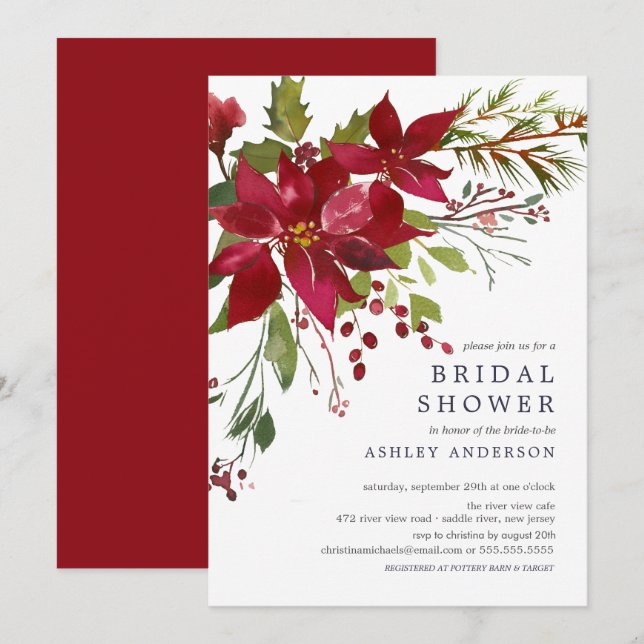 Invitación Watercolor Red Poinsettia Holly Bridal Shower (Anverso / Reverso)