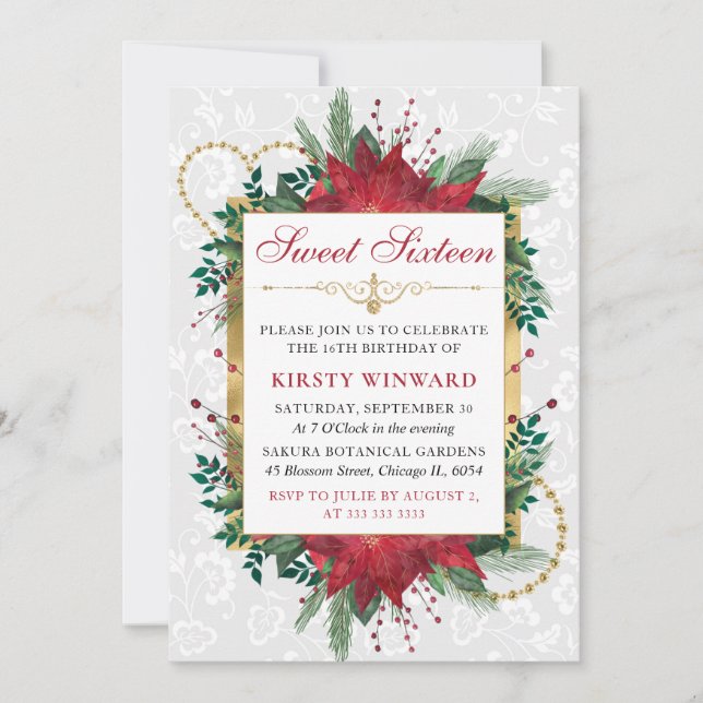 Invitación Watercolor Red Poinsettia Winter Sweet 16 (Anverso)