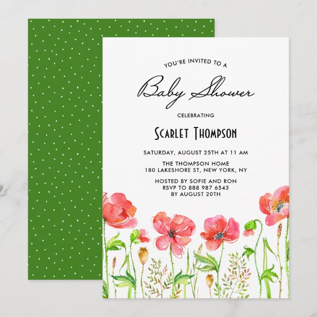 Invitación Watercolor Red Poppies Garden Baby Shower (Anverso / Reverso)