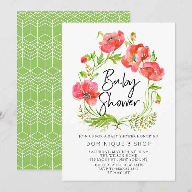 Invitación Watercolor Red Poppies Wreath Baby Shower (Anverso / Reverso)