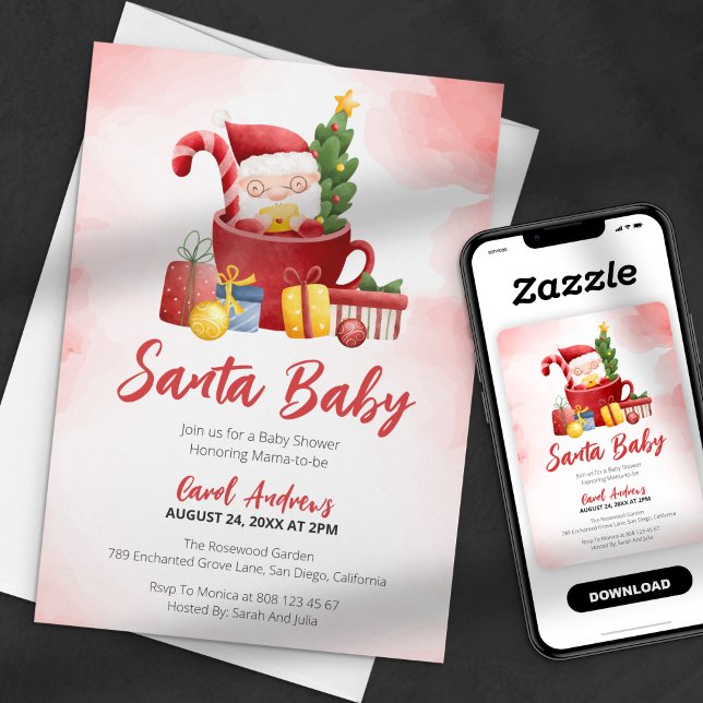 Invitación Watercolor Red Santa Baby Navidad Baby Shower (Subido por el creador)