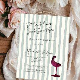 Invitación Watercolor Red Wine Glass Green Striped 