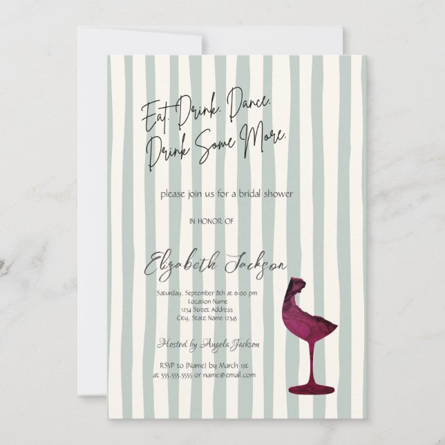Invitación Watercolor Red Wine Glass Green Striped  (Anverso)