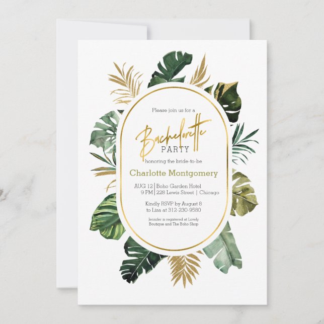 Invitación Watercolor Relieve metalizado dorado tropical Bach (Anverso)