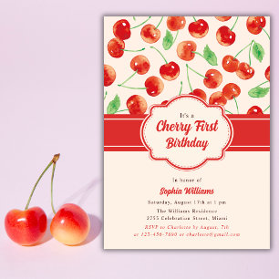 Invitación Watercolor Retro Red Cherry First Birthday