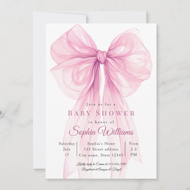 Invitación Watercolor Ribbon Girl Baby Shower Invite (Anverso)