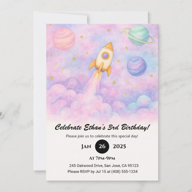 Invitación Watercolor Rocket & Dreamy Galaxy Birthday  (Anverso)