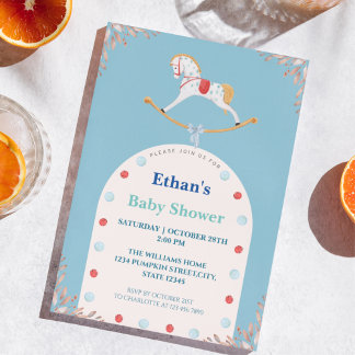 Invitación Watercolor Rocking Horse Blue Baby Shower