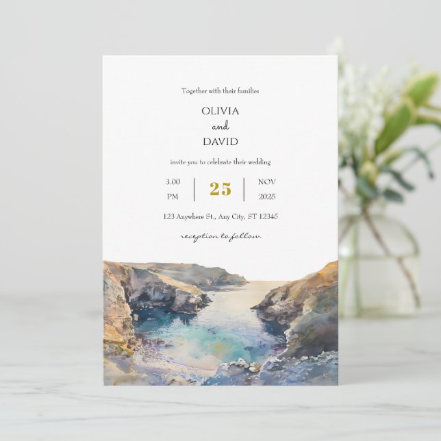 Invitación Watercolor Rocky Coastal Sunset Cove Beach Wedding (Anverso de pie)