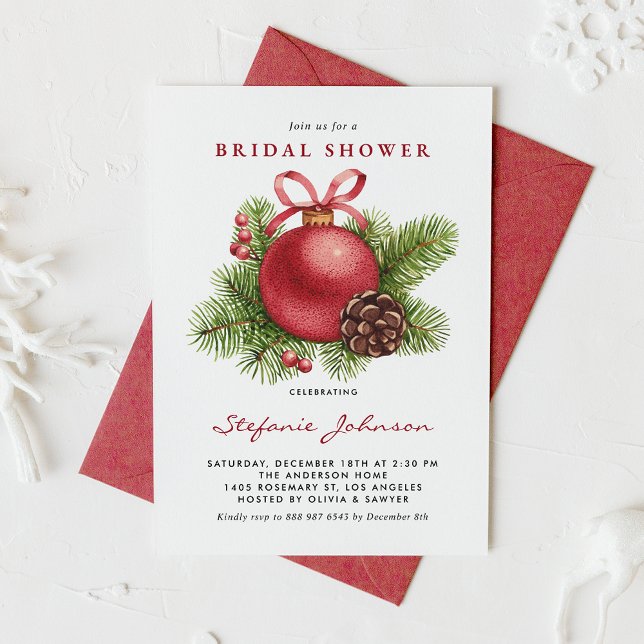 Invitación Watercolor Rojo Navidad Ornamento Bridal Shower (Subido por el creador)