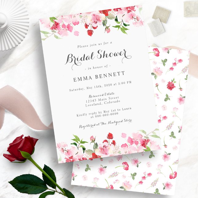 Invitación Watercolor Rojo Rosa Floral Brillante (Watercolor Red and Pink Floral Bridal Shower Invitations)