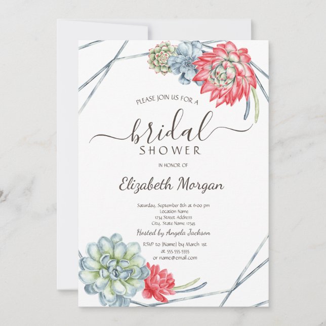 Invitación Watercolor Rojo Suculentos Bridal Shower (Anverso)