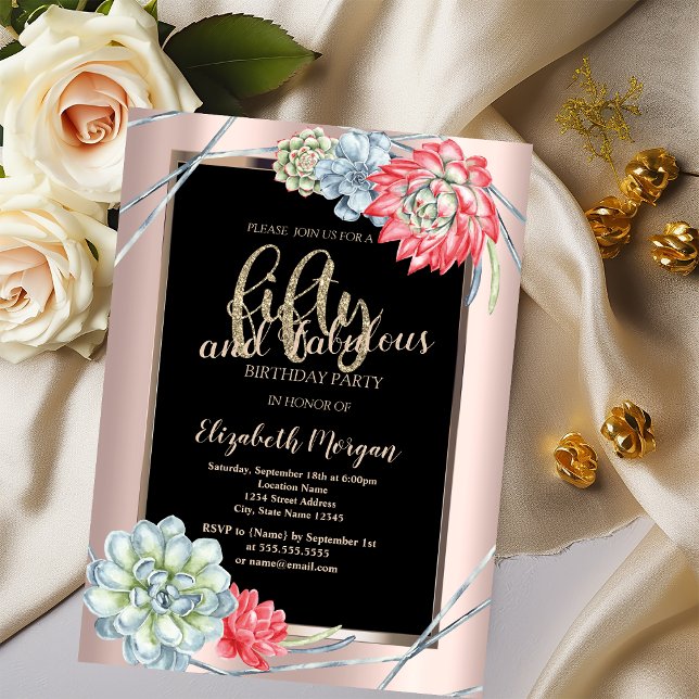Invitación Watercolor Rojo Suculents Rosa Oro 50 cumpleaños (Subido por el creador)