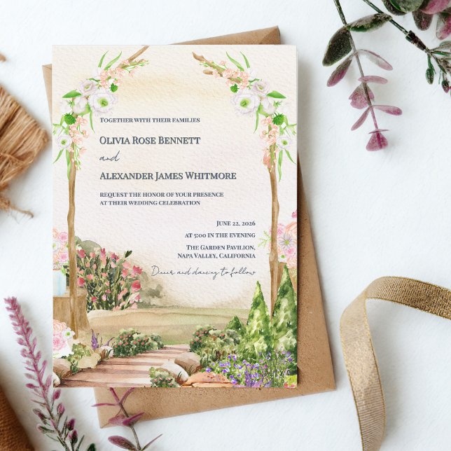 Invitación Watercolor Romantic Garden Arch Outdoor Wedding  (Watercolor Garden Arch Wedding Invitation Romantic Outdoor Floral Wedding Invite)