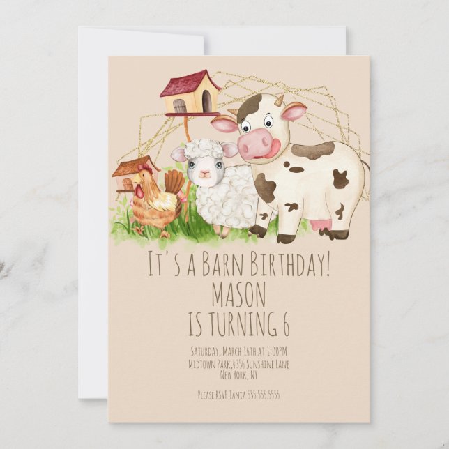 Invitación Watercolor Rooster Barn Animals Farm Cumpleaños (Anverso)
