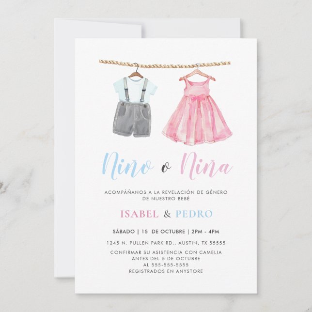 Invitación Watercolor Ropa de bebé Revelación de género españ (Anverso)