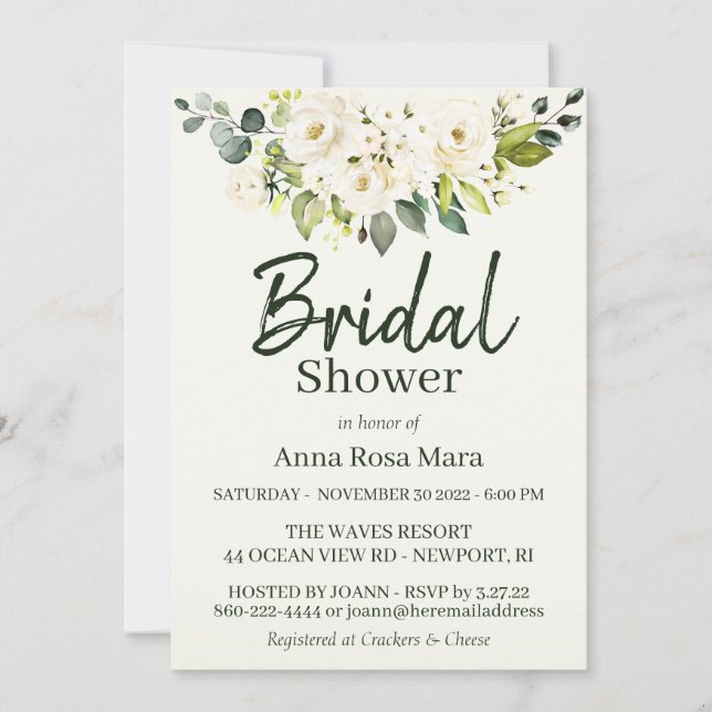 Invitación *~* Watercolor Rosa Blanca Bridal Ducha Lavanda (Anverso)