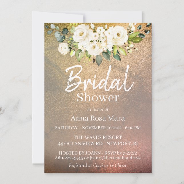 Invitación *~* Watercolor Rosa Blanca Dorada Ducha de Novias (Anverso)