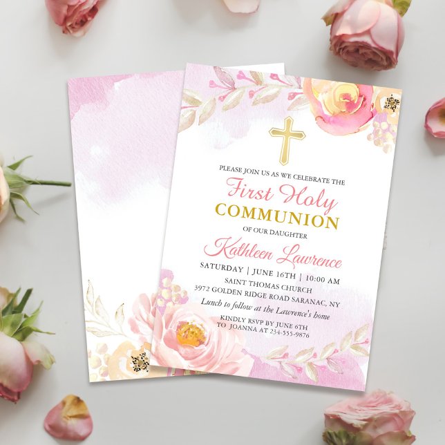 Invitación Watercolor Rosa Jardín Primero Santa Comunión (Subido por el creador)