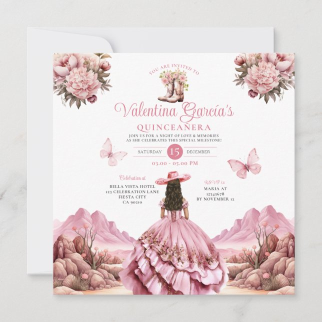 Invitación Watercolor Rosa Quinceañera 15 Anos Boots Oeste (Anverso)