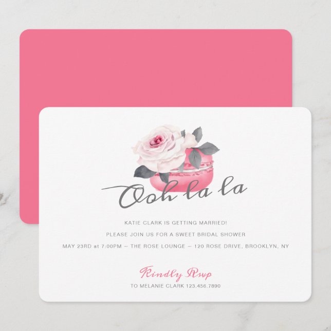 Invitación Watercolor Rosa Rosa Macaron Ducha Británica (Anverso / Reverso)