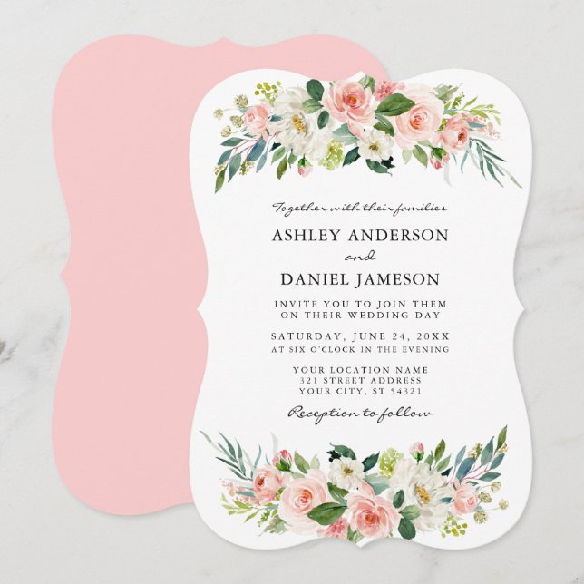 Invitación Watercolor rosa Rubor Floral Elegante (Anverso / Reverso)