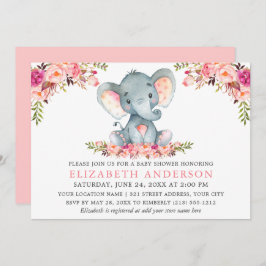 Invitación Watercolor rosa Rubor Floral Elephant Baby Shower