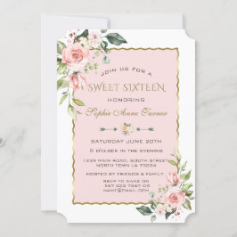 Invitación Watercolor Rosa Rubor Flores Gold Sweet 16