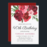 Invitación Watercolor Rosas rojas románticas 40.º Fiesta de c<br><div class="desc">Acuarela Rosas rojas románticas Mujeres 40 cumpleaños fiesta invitación Ver colección coincidente en tienda</div>