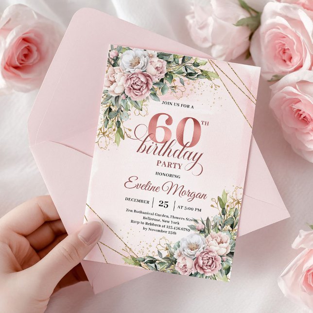 Invitación Watercolor Rose Gold Eucalyptus 60th Birthday  (Watercolor Rose Gold Eucalyptus 60th Birthday Invite)