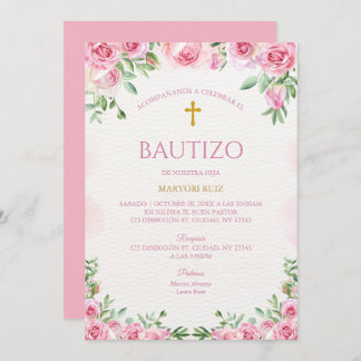 Invitación Watercolor Rose Pink Floral Girl Baptism