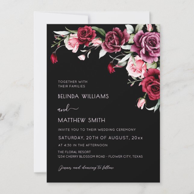 Invitación Watercolor Roses Black Background | Photo Wedding (Anverso)
