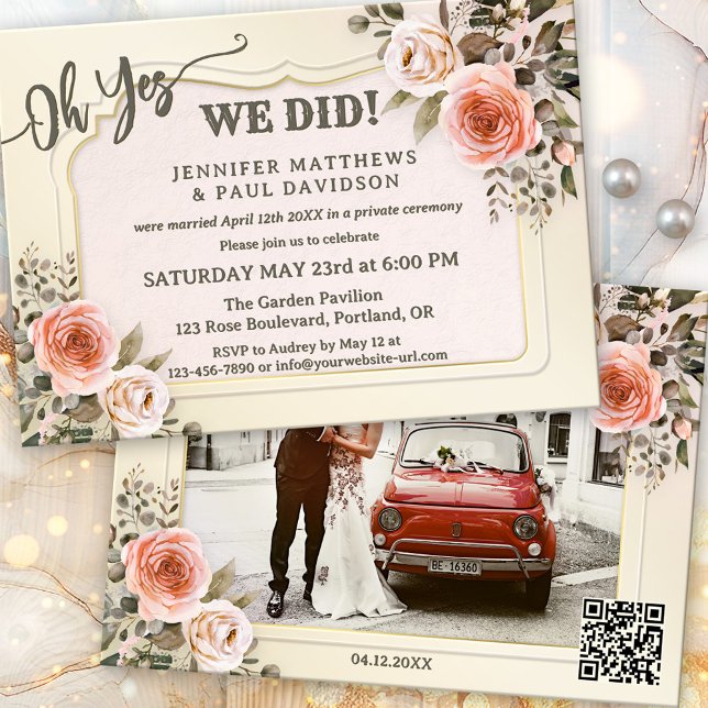 Invitación Watercolor Roses Photo After Wedding (Boho chic after wedding party invitation featuring blush pink watercolor roses and your photo + QR)