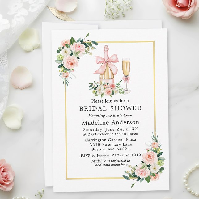 Invitación Watercolor Roses Pink Bow Bridal Shower (Customize to add more text to back of card.)