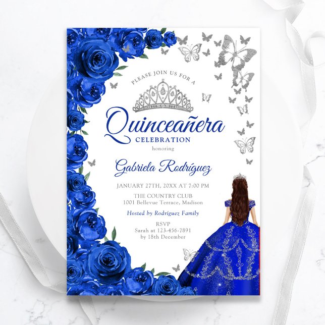 Invitación Watercolor Royal Blue Rosas Floral Quinceanera (Subido por el creador)