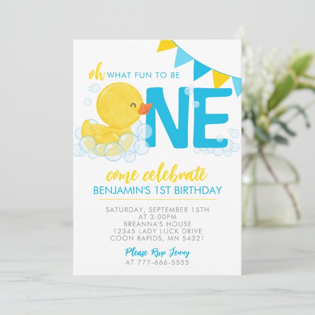Invitación Watercolor Rubber Duck 1st Birthday Party (Anverso de pie)