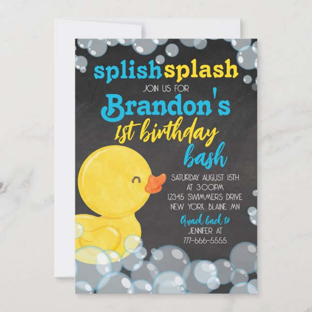 Invitación Watercolor Rubber Duck Chalkboard Birthday (Anverso)