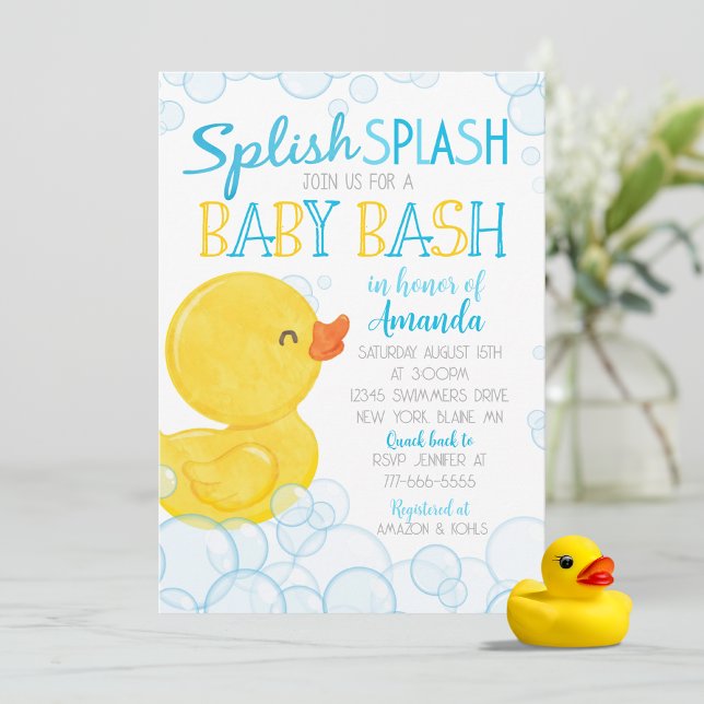 Invitación Watercolor Rubber Duck Splish Splash Baby Shower (Splish Splash Watercolor Rubber Ducky Boy Baby Shower Invitations)
