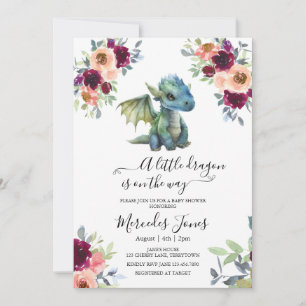 Invitación Watercolor Rubor Floral Blue Dragon Baby Shower