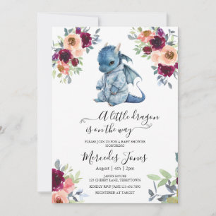 Invitación Watercolor Rubor Floral Blue Dragon Baby Shower