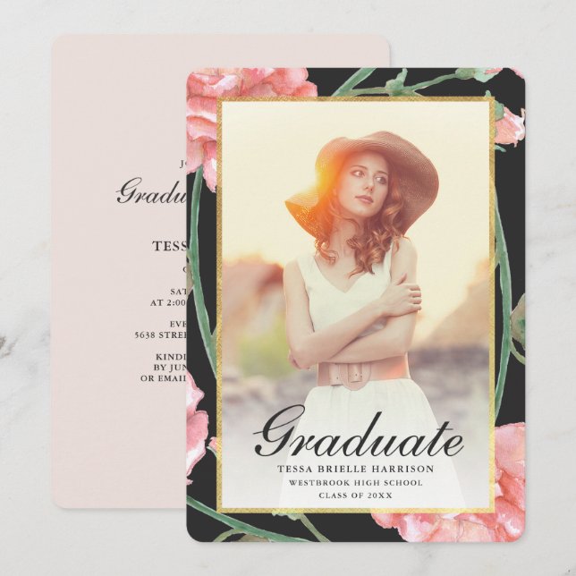 Invitación Watercolor Rubor Floral Photo Graduation Black (Anverso / Reverso)