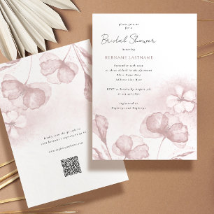 Invitación Watercolor Rubor Floral Rosa QR Brillante