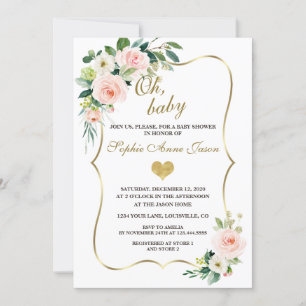 Invitación Watercolor Rubor Ivory Flowers Gold Baby Shower