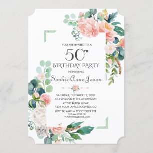 Invitación Watercolor Rubor Peonies Frame 50 cumpleaños