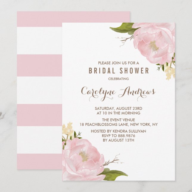 Invitación Watercolor Rubor Pink Peonies Brillante (Anverso / Reverso)