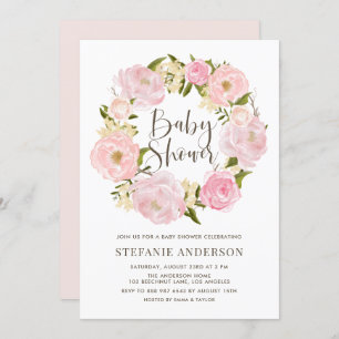 Invitación Watercolor Rubor Pink Peony Wreath Baby Shower